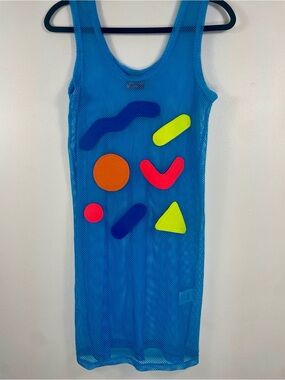Bright Blue Mesh Dress with Neon Shapes